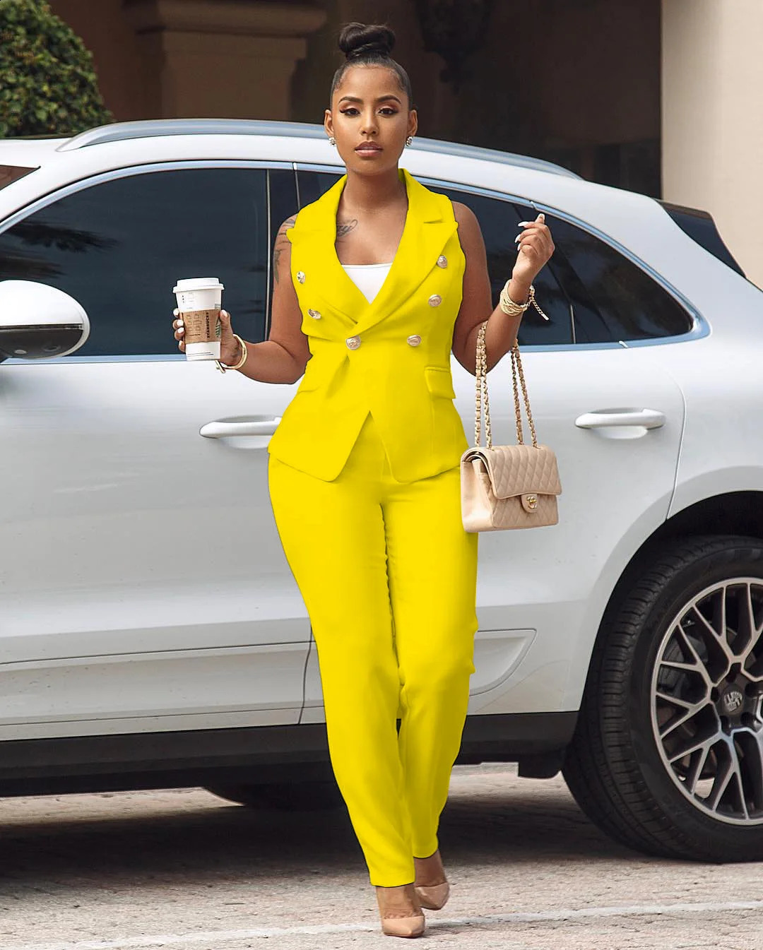 Womens Summer Sleeveless Collar Pioneer Pants Set Two Piece Retro Office Track and Field Suit 240812