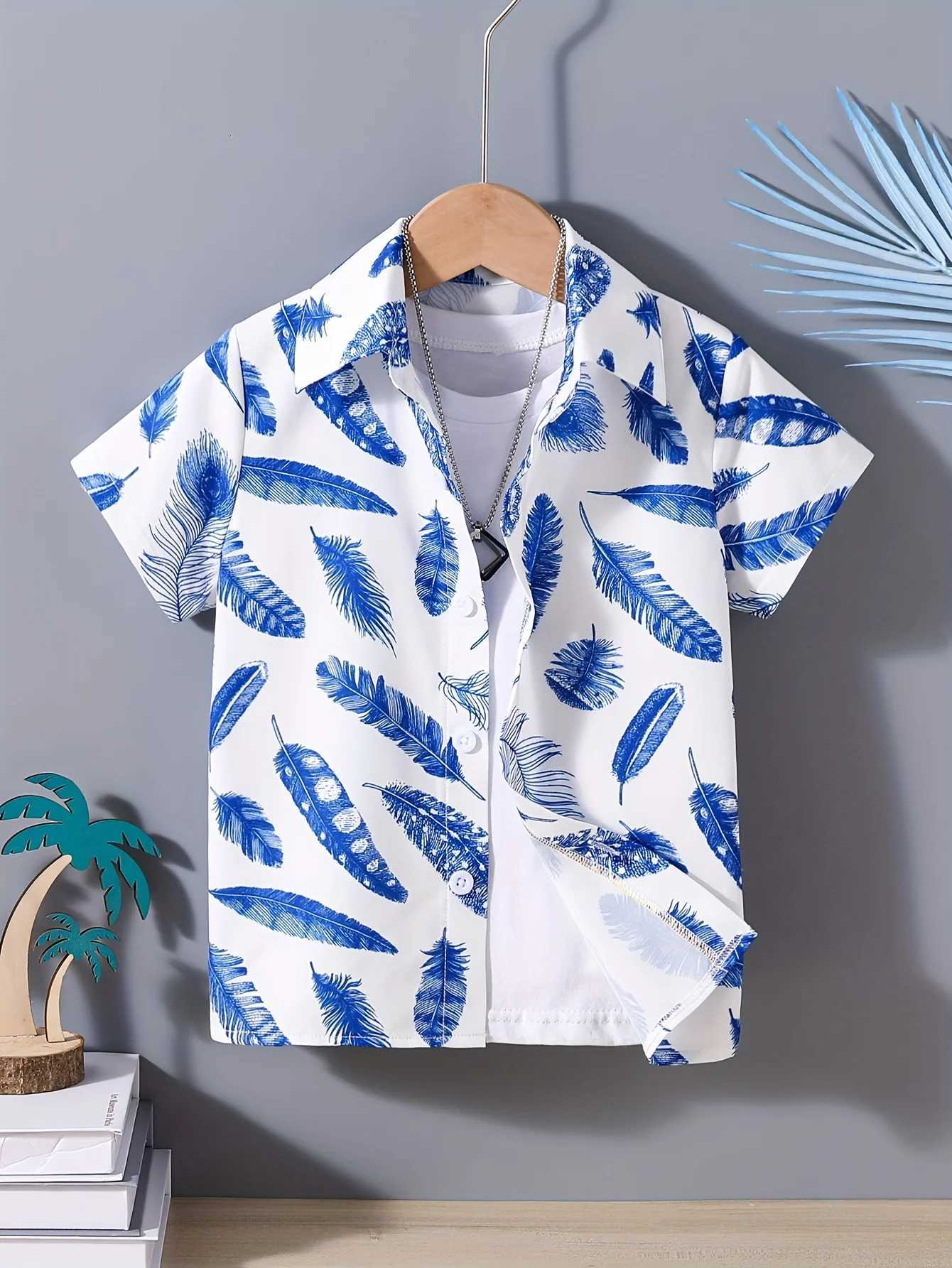 Boys blue feather short sleeved shirt summer childrens casual topW240729