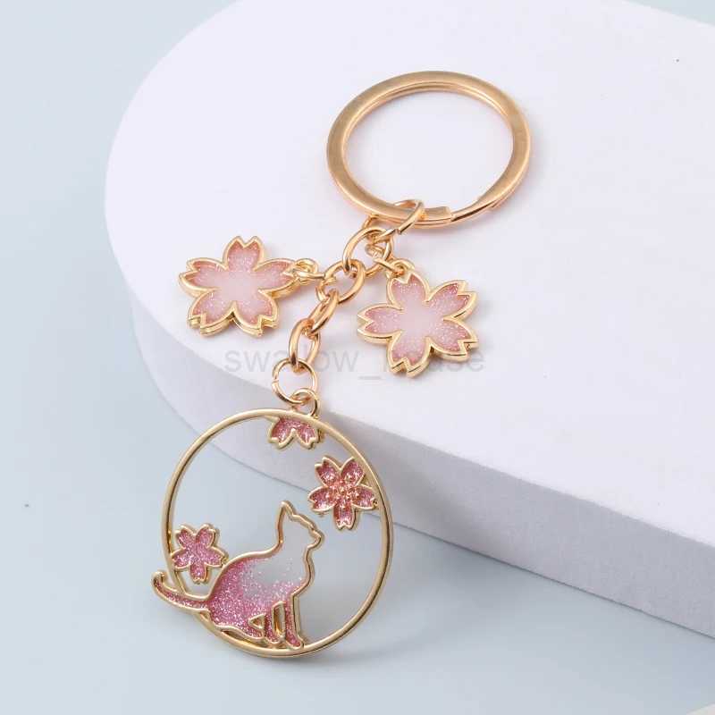 Pretty Round Cat Keychains Cherry Blossom Flowers Animals Key Rings For Women Girls Friendship Gift Handmade DIY JewelryL240729