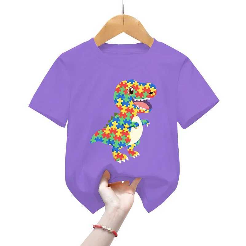 T-shirts Autism Awareness T-Shirts Childrens Short Sleeve Clothing Animal Color Mosaic Dinosaurs Tops Boys Girls Casual Fashion T-ShirtsL24729