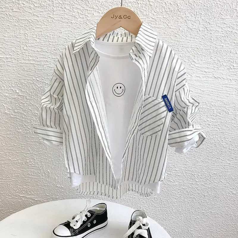 Childrens Baby Boy Shirt Spring Thin Shirt Baby Boy Stripe Casual Top 4-12 Year Old Childrens Long Sleeve ShirtW240729