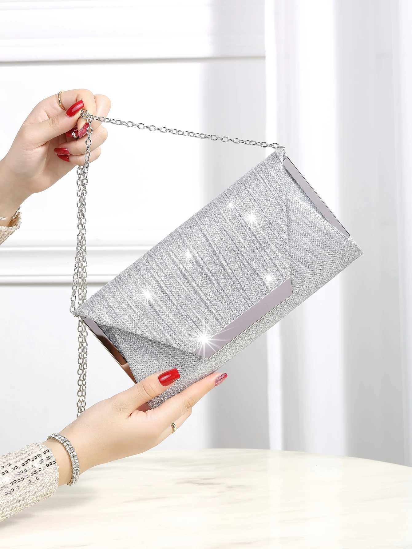 Luxurious shiny metallic patchwork envelope clutch with magnetic snap fastener elegant and stylish evening bagXJ240729