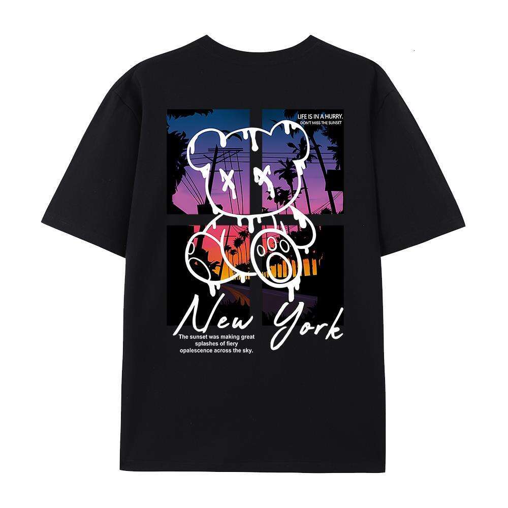 Summer shirts for Men Cartoon Bear Sunset Scenery Design Men Hip Hop Cotton Shirt fallow T Shirts Tees Free shipping