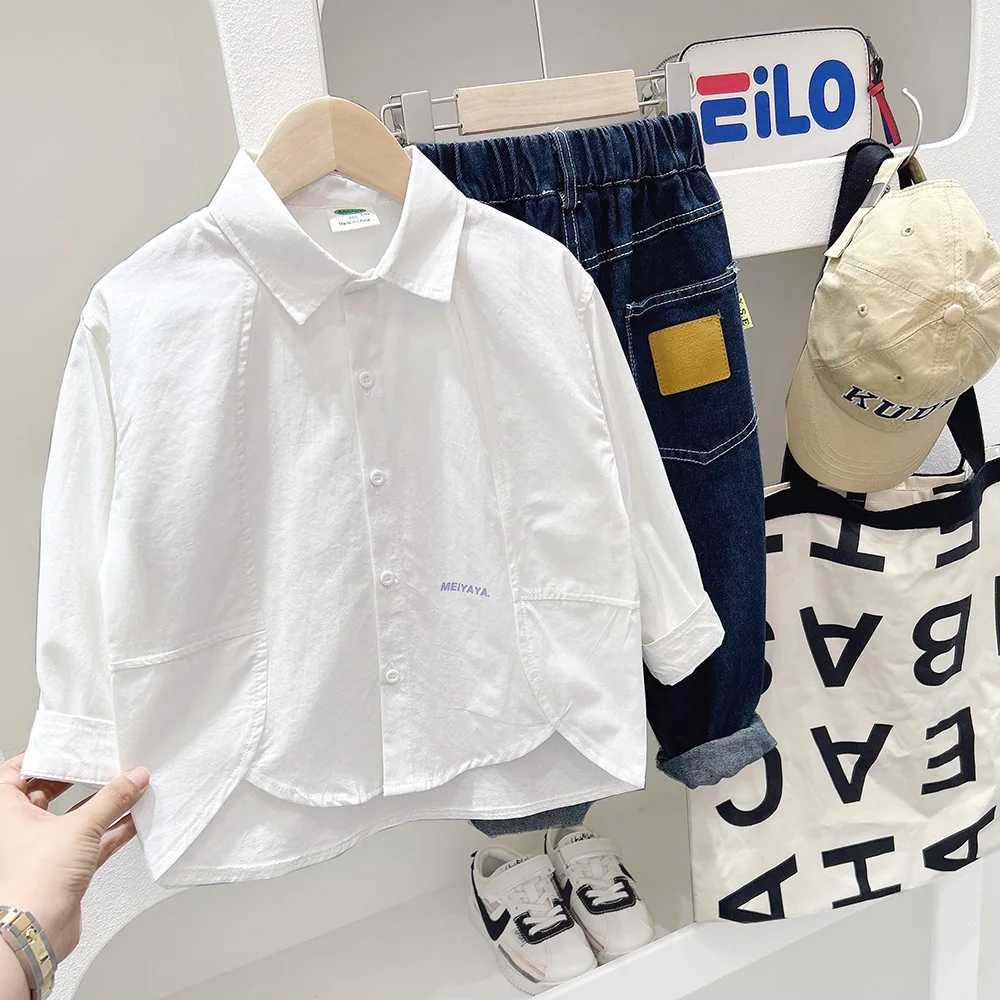 Spring and autumn childrens shirt with solid collar and single chest long sleeved student shirtW240729