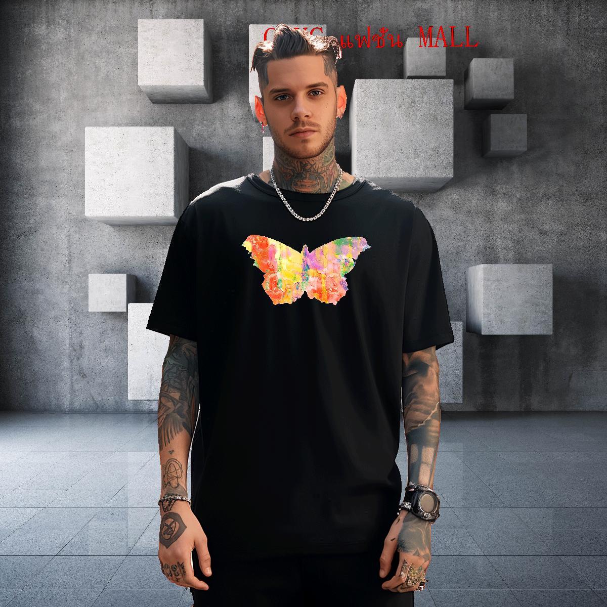 Classic Men Clothes T-Shirt 230g 100% Cotton Street wear Hip Hop Butterfly Graphic Short Sleeve O-Neck DIY T-Shirts Tops Shirt