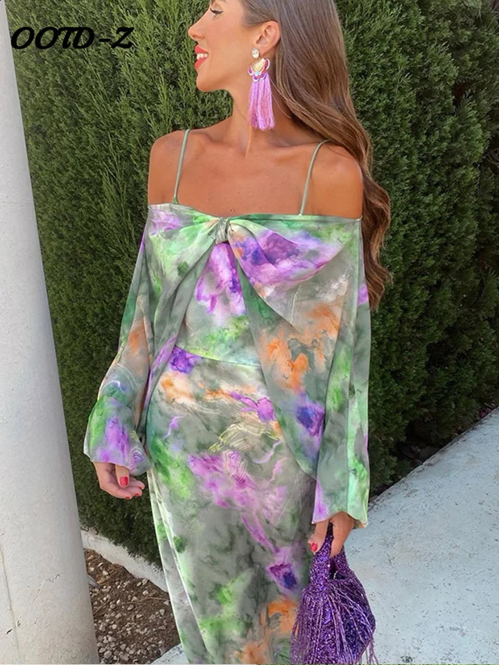 Bow Sling Print Top Two Piece Set Women Elegant Off Shoulder Lady Dress Suit Fashion Spring Hip Package 240729