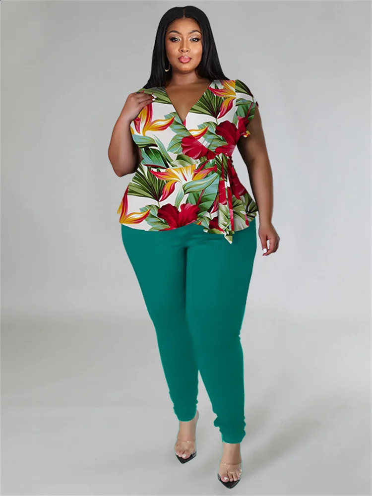Wmstar Plus size twopiece set womens summer printed top solid leg matching wholesale direct 240722
