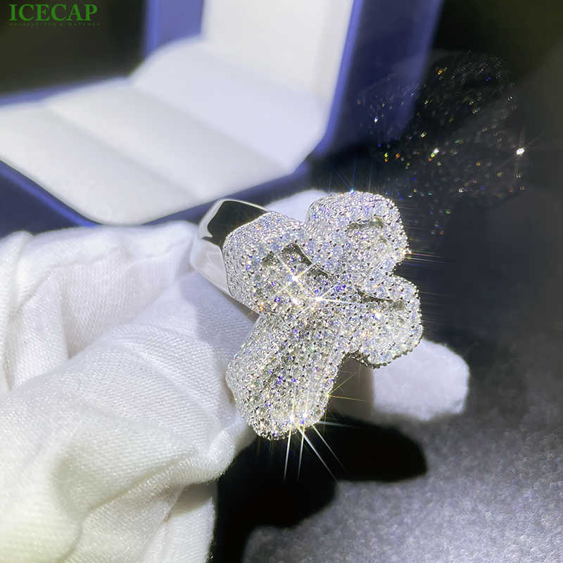 Custom Men's Jewelry: Iced-Out Moissanite Sterling Silver Cross Ring Featuring Shimmering Gemstones