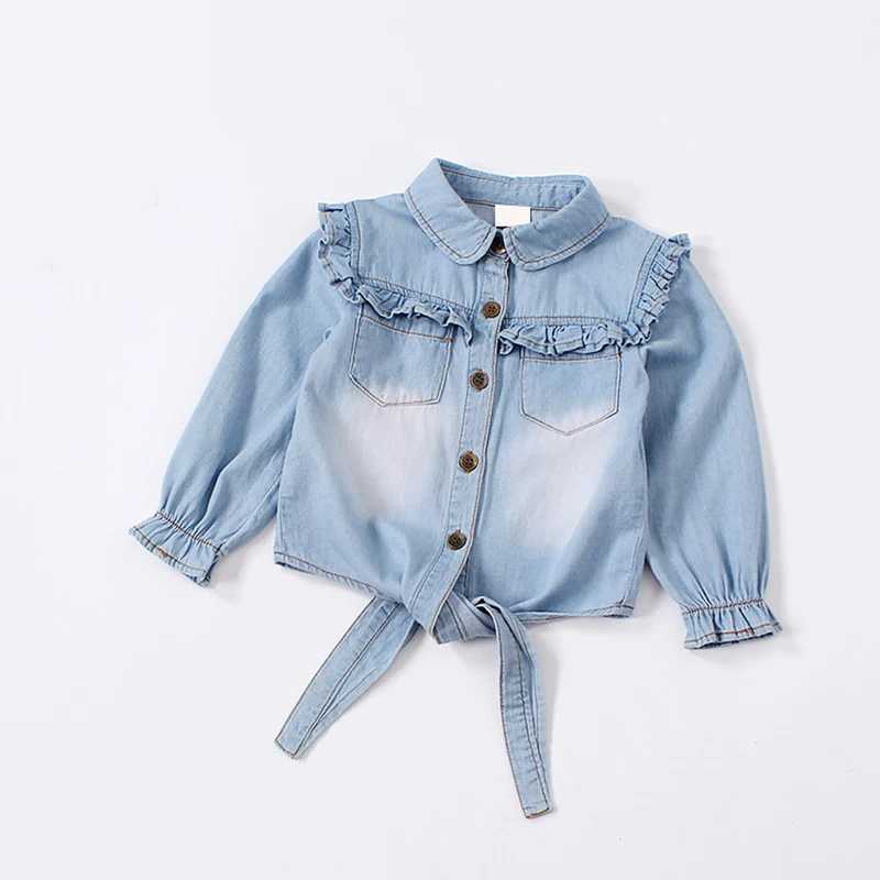 Girls autumn denim shirt casual ruffled shirt childrens tie and knot shirt childrens baby girl long sleeved shirt childrens clothing springW240729