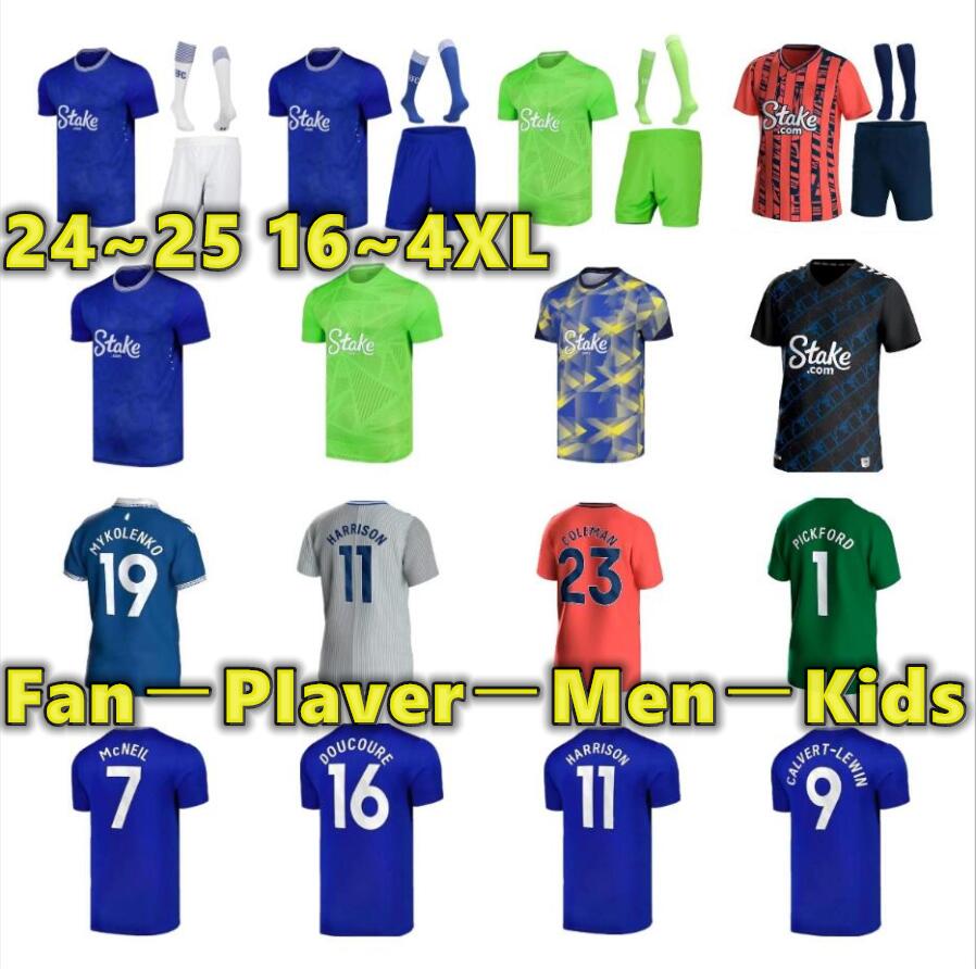 24 25 Soccer Jerseys Everton Home Away Uniforms 2024 Doucoure Calvert-Lewin Mykolenko Harrison Patterson Tarkowski Garner McNeil Onana Pickford kids Kits Football
