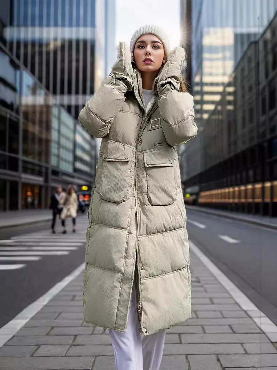 Loose Woman Padded Coat Long Jacket Thicken Warm Hooded Zipper Pockets Warm Snow Wear Oversize 2024 Woman Winter Parka 240729