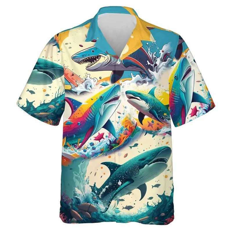 Shark Shirt for Childrens Clothing Funny Animal Graphic Beach Shirt Collar Shirt Vacation Short Sleeve TopW240729