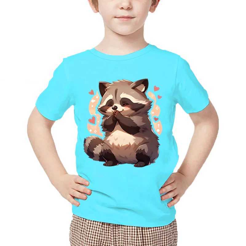 T-shirts Raccoon Print T-shirt Kids Casual Cartoon Style Round Neck Tee Shirt Raccoon Heart Pattern Summer Short Sleeve Boy Girl TshirtL24729