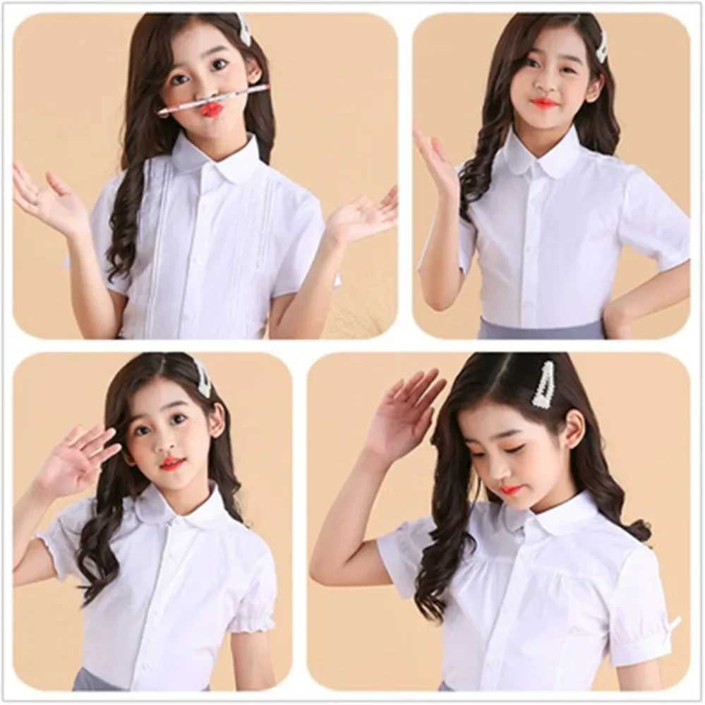 Girls white short sleeved shirt cotton baby school girls shirt children 6 8 10 12 years old teenagersW240729