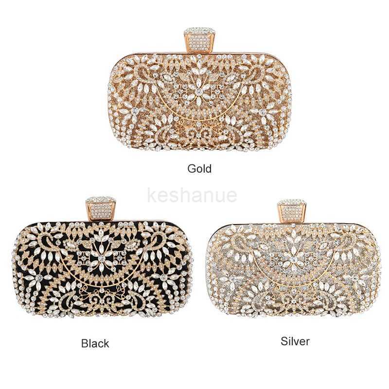 Diamond Evening Clutch For Women Wedding Golden Mini Purse Chain Shoulder Bag Small Hollow Out Flowers Crystal Party HandbagXJ240729