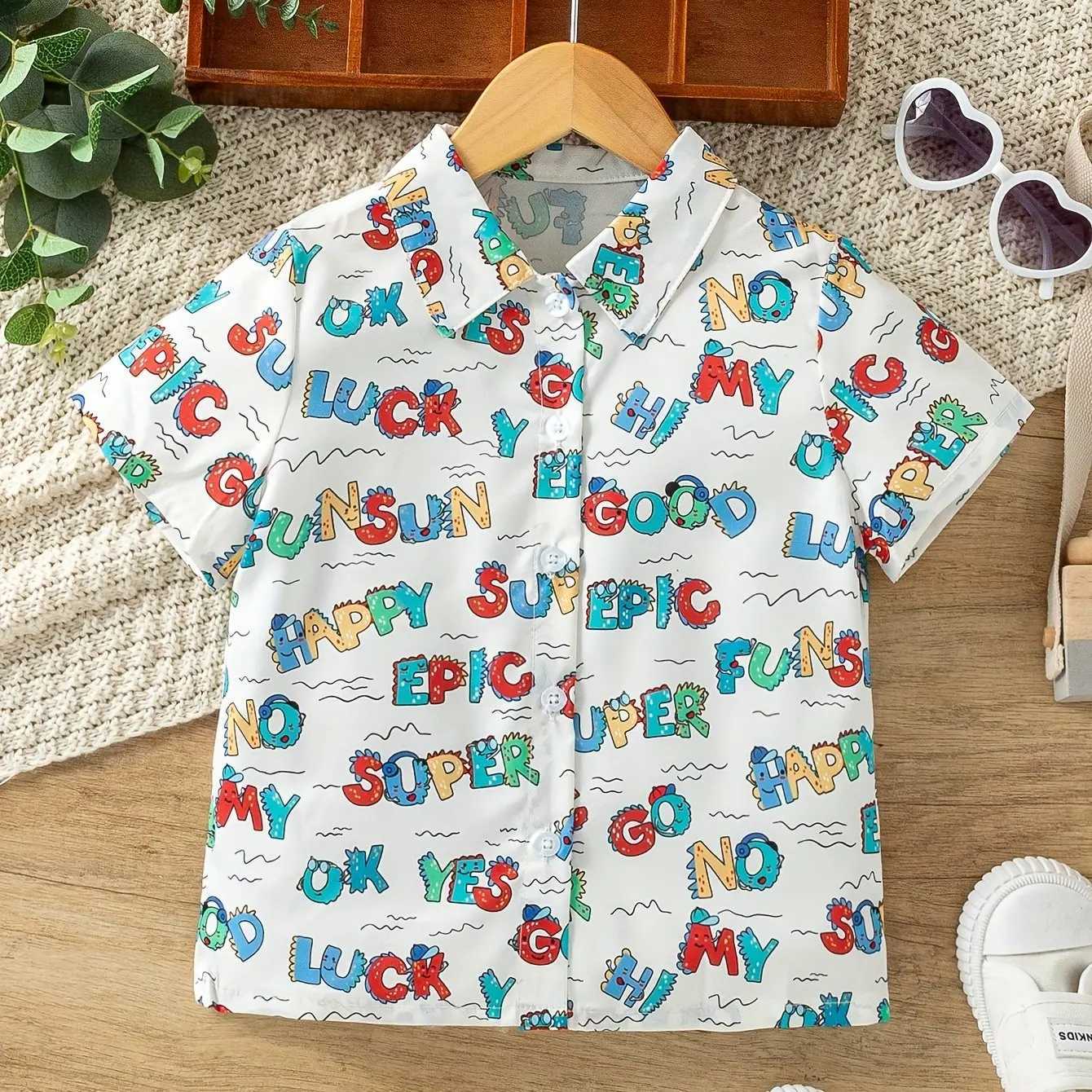 New Beach Camping Bus Printed Boys Novel Casual Short Sleeve Collar Shirt Childrens Top Fashion Childrens ShirtW240729