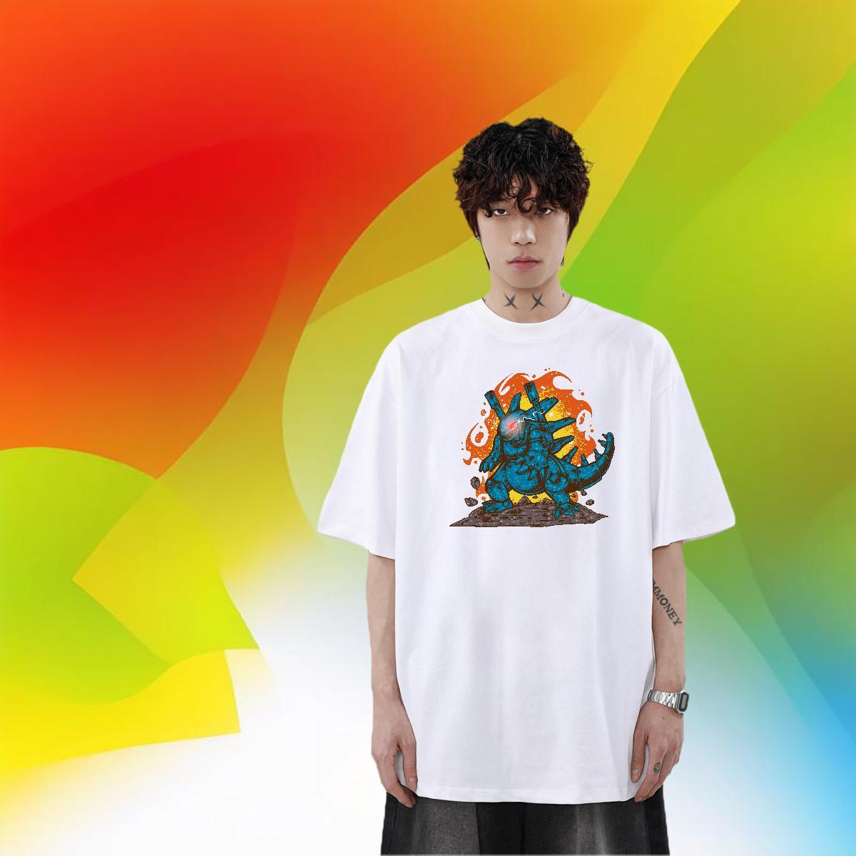 Loose Men Tees 100% Cotton 230g Street dinosaur Customized Breathable Short Sleeve 2024 Men T Shirts Clothes