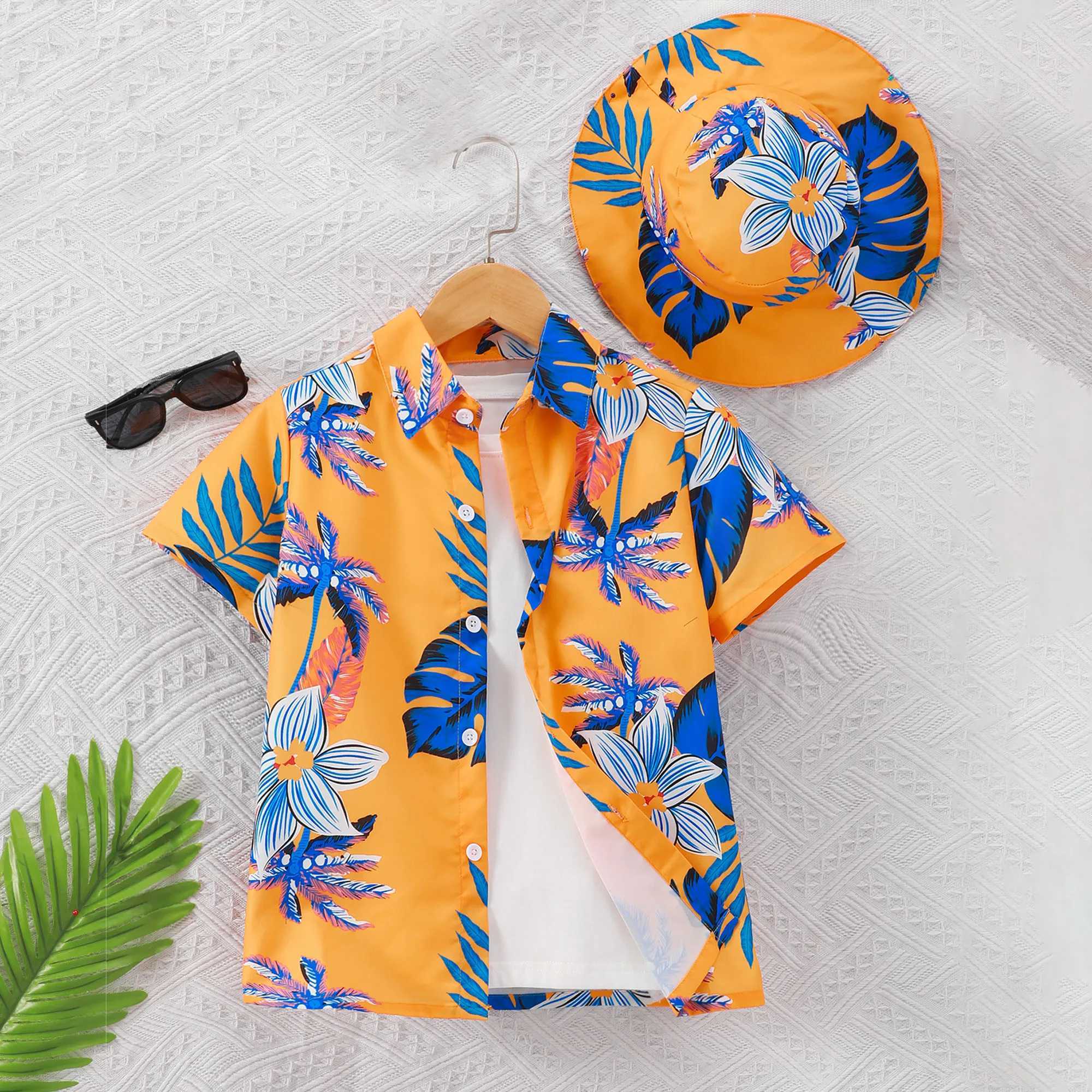 Summer New Childrens Wear Boys short sleeved polo collar print with hat shirt casual vacation style 8 9 10 11 13 14 years oldW240729