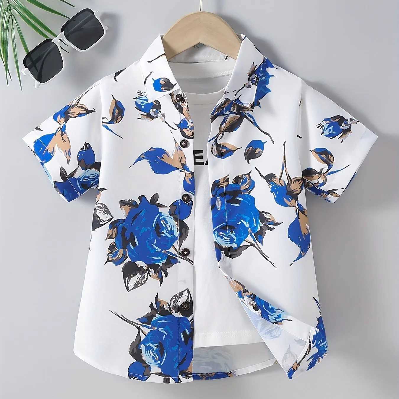 Boys Aloha Flower Pattern Creative Shirt Short Sleeve Button Comfortable Loose Summer Holiday Shirt TopW240729