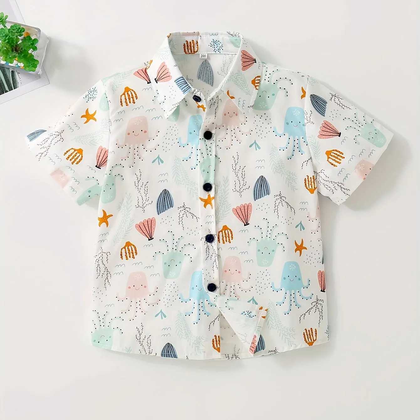 Childrens clothing cartoon pattern cute shirt boys short sleeved casual fashion front button comfortable summer topW240729