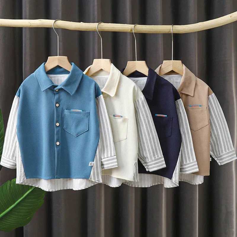 Boys and Childrens Long sleeved Shirt 2024 Spring/Summer New Childrens Jacket Fashion Simple Solid Color Striped Baby ShirtW240729