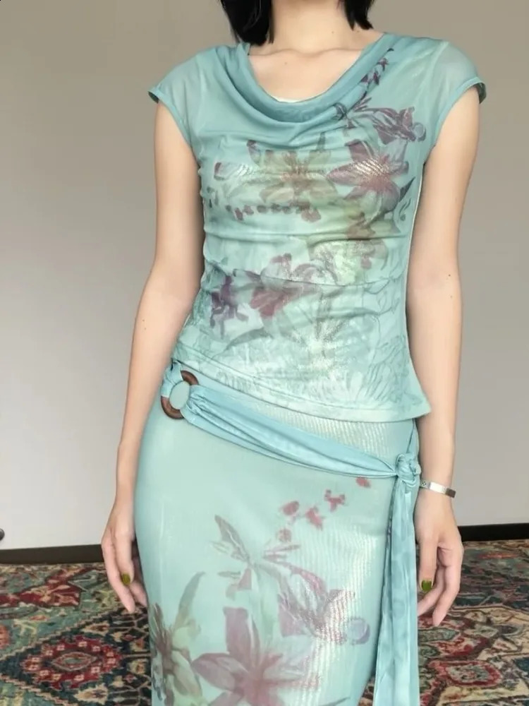 Vintage Thin Fashion Print O-neck Short Sleeve Tops Women Y2k Slim Waist Bodycon Skirts Summer Two Piece Sets 240729