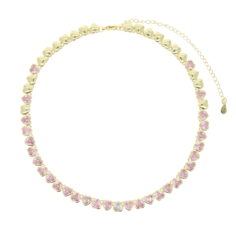 Valentine's Gift Bg Iced Heart Cz Choker Necklace for Women, Gold Color, Green Pink White Cubic Zirconia Tennis Jewelry