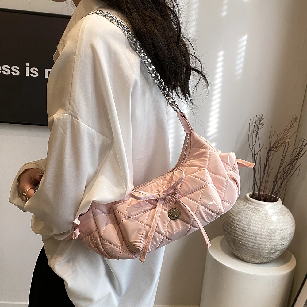 Rhombus Chain Bowknot Shoulder Bag with Adjustable Strap Y2K Purse PU Leather Fashion Handbag Everyday for Women and Girls 240729