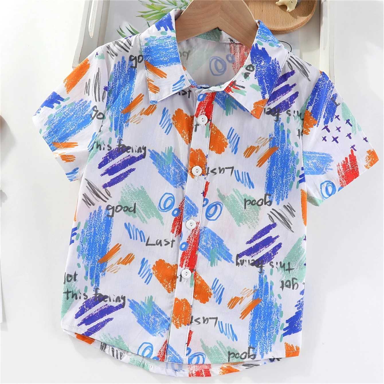 Colorful splash ink printing boys creative shirt casual short sleeved lapel shirt top childrens boys summer outdoor T-shirtW240729