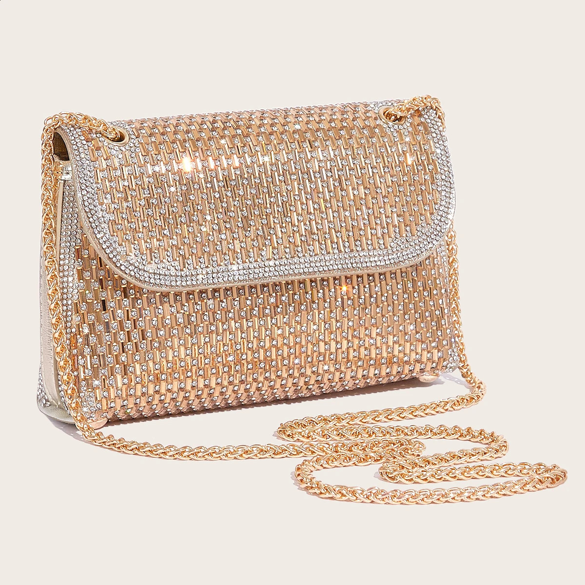 Womens Shoulder Bag Full Rhinestone Shiny Gold Clutch Party Evening Fashion Handbag Silver Square Purse 240729