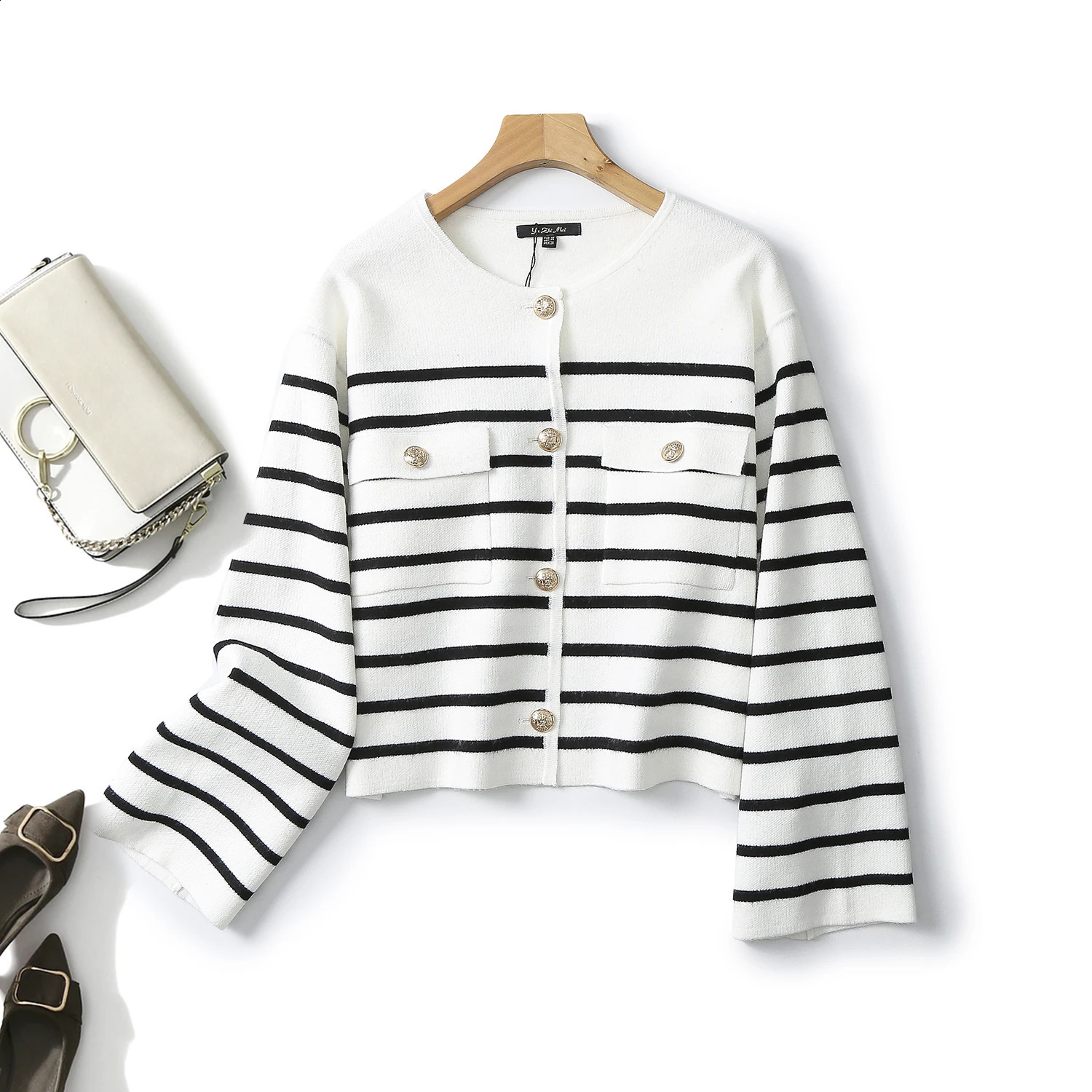Ethereal MD style of Womens casual small fragrance highgrade striped knit cardigan 240722