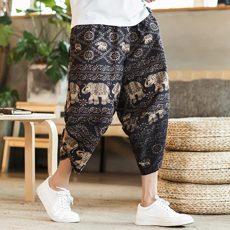 Harajuku summer loose calf length casual mens wide leg cotton linen printed pocket pants oversized mens pants 240828