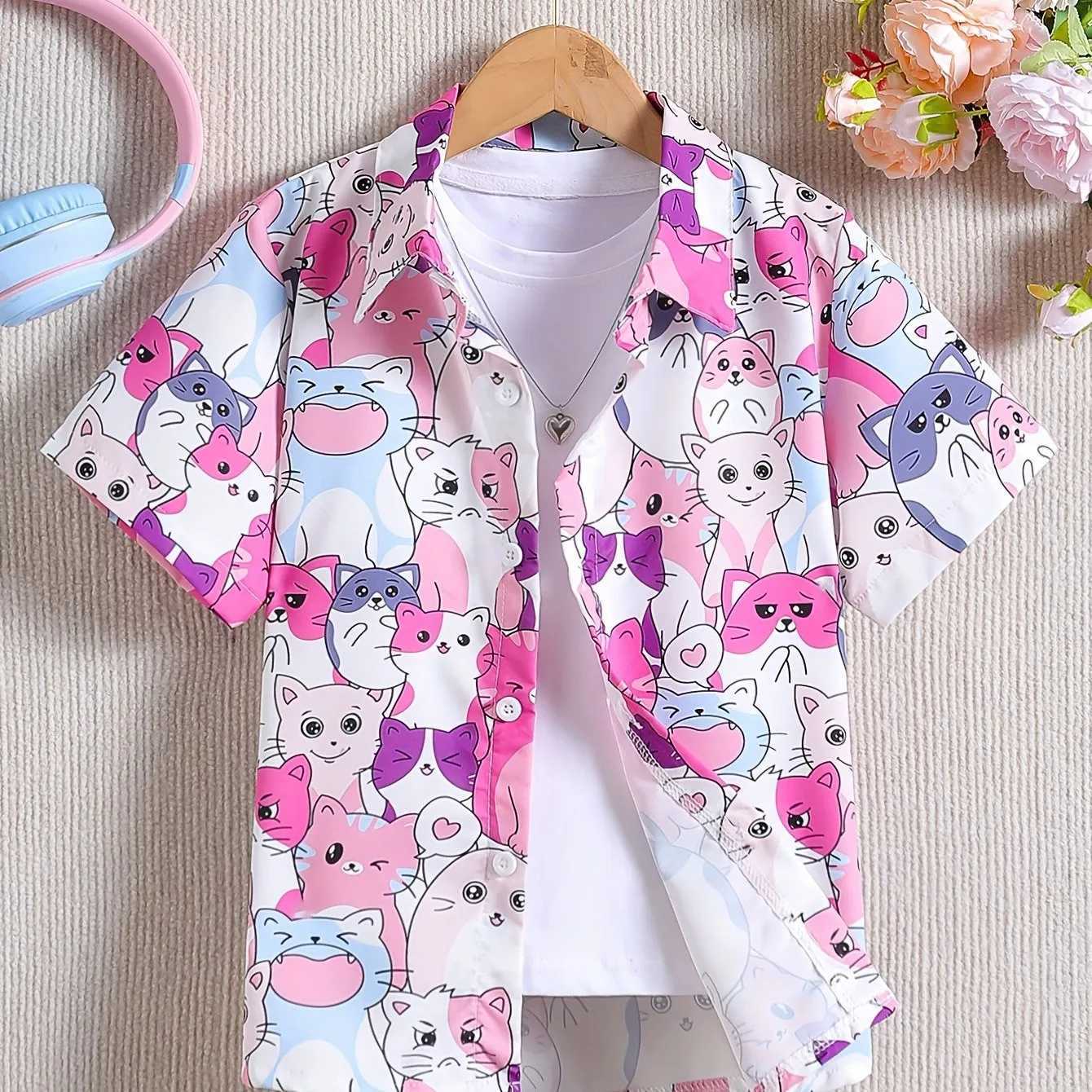 Boy and girl cartoon creative printing pattern cute short sleeved casual comfortable button loose summer holiday shirtW240729