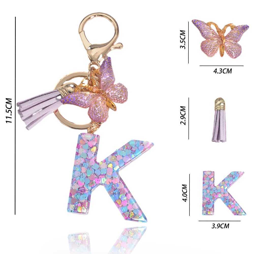 A-Z Dreamy Sequin Letters Keychain for Women Tassel Butterfly Pendant Initial Keyring Purse Suspension Bags Charms Car Key ChainL240729