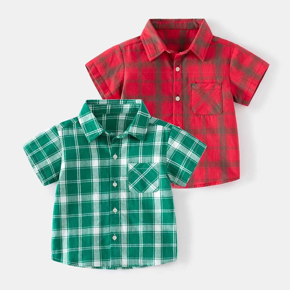 Baby boy fashion grid element style short sleeved soft skin friendly casual collar summer shirtW240729