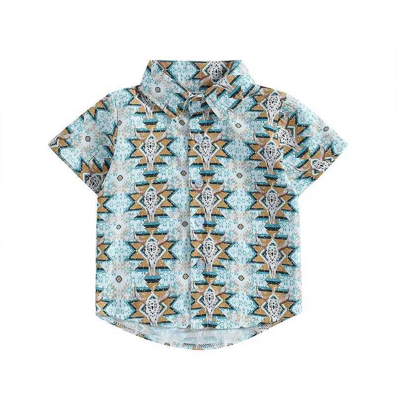 Childrens boys shirt Western style denim head print lapel fashion short sleeved summer casual fashion topW240729