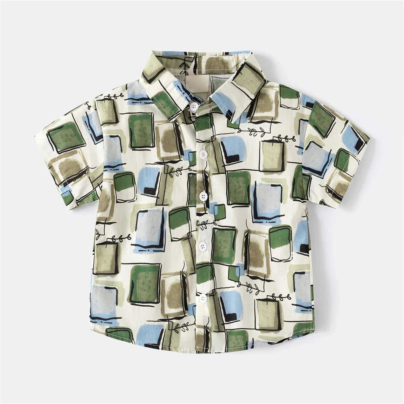 New boys plain weave shirt with loose and comfortable buttons summer casual shirt childrens shirt boys and girls shirt outdoor short sleeved topW24072