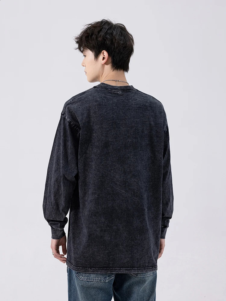 260G Heavy Cotton Washed T Shirt Men Autumn High Street Oversized Tee Korean Stylish Loose Y2K Tops Long Sleeve Tshirts 240820