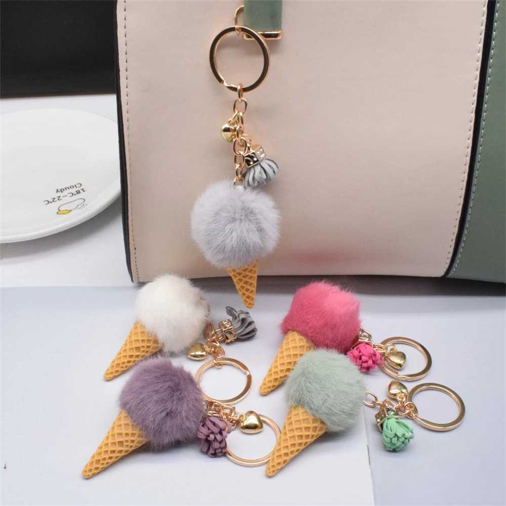 1pc Fashion Cute Mini Ice Cream Key Ring With Tassel Student Fluffy Pom Velvet Plush Keychain For Girls Bag Decoration GiftL240729