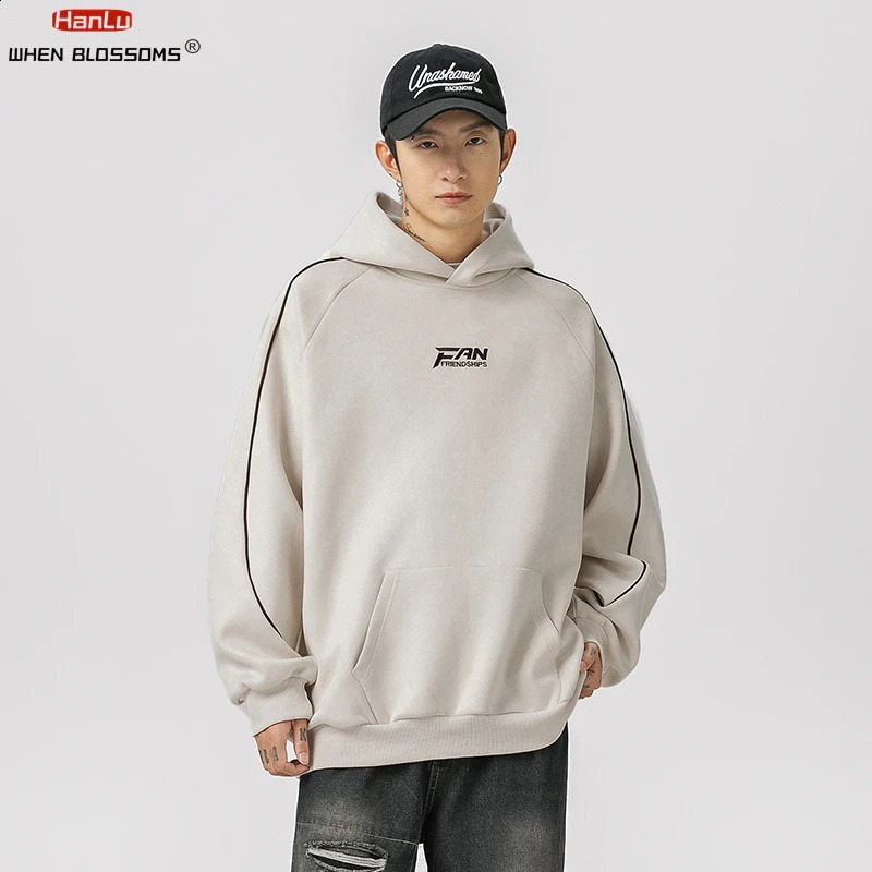 Autumn Winter High Quality Suede Embroidery Hoodie Japanese Streetwear Hip Hop Sweatshirt Men Clothing Korean Fashion pullover 240729