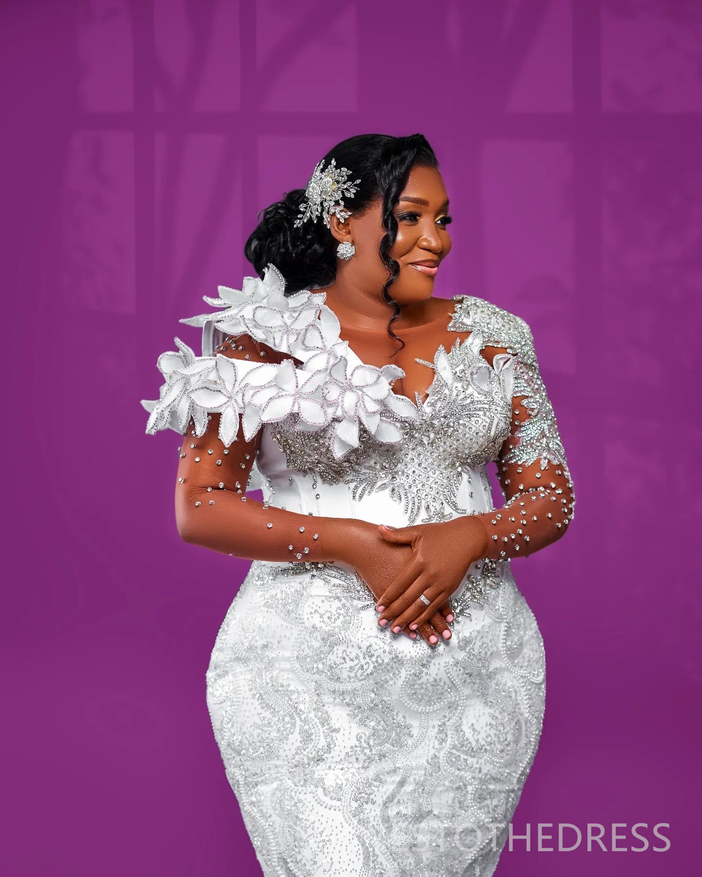 R&W 2024 Plus Size Mermaid Dress Bridal Bride Illusion Sheer Neck Bead Pearls Rhies Decorated Beaded Lace Ruffle Wedding Gowns for Marriage D283