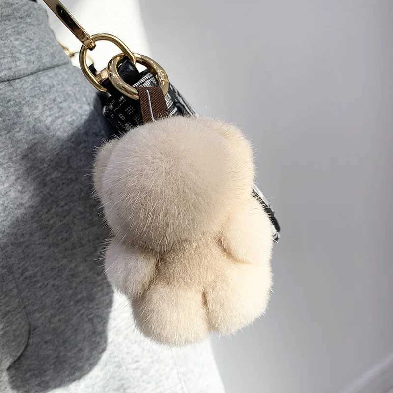 Women Bag Charm Trinkets Car Metal Key Rings Rear View Mirror Ornaments Cute Real Mink Fur Keychain Plush Panda Pendant Kids ToyL240729