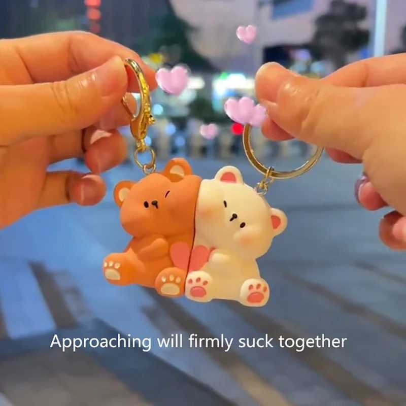 1Pair Cute Cartoon Love Bear Magnetic Suction Keychain Pendant Creative Bag Decoration Accessories Kawaii Couple Keyring GiftsL240729