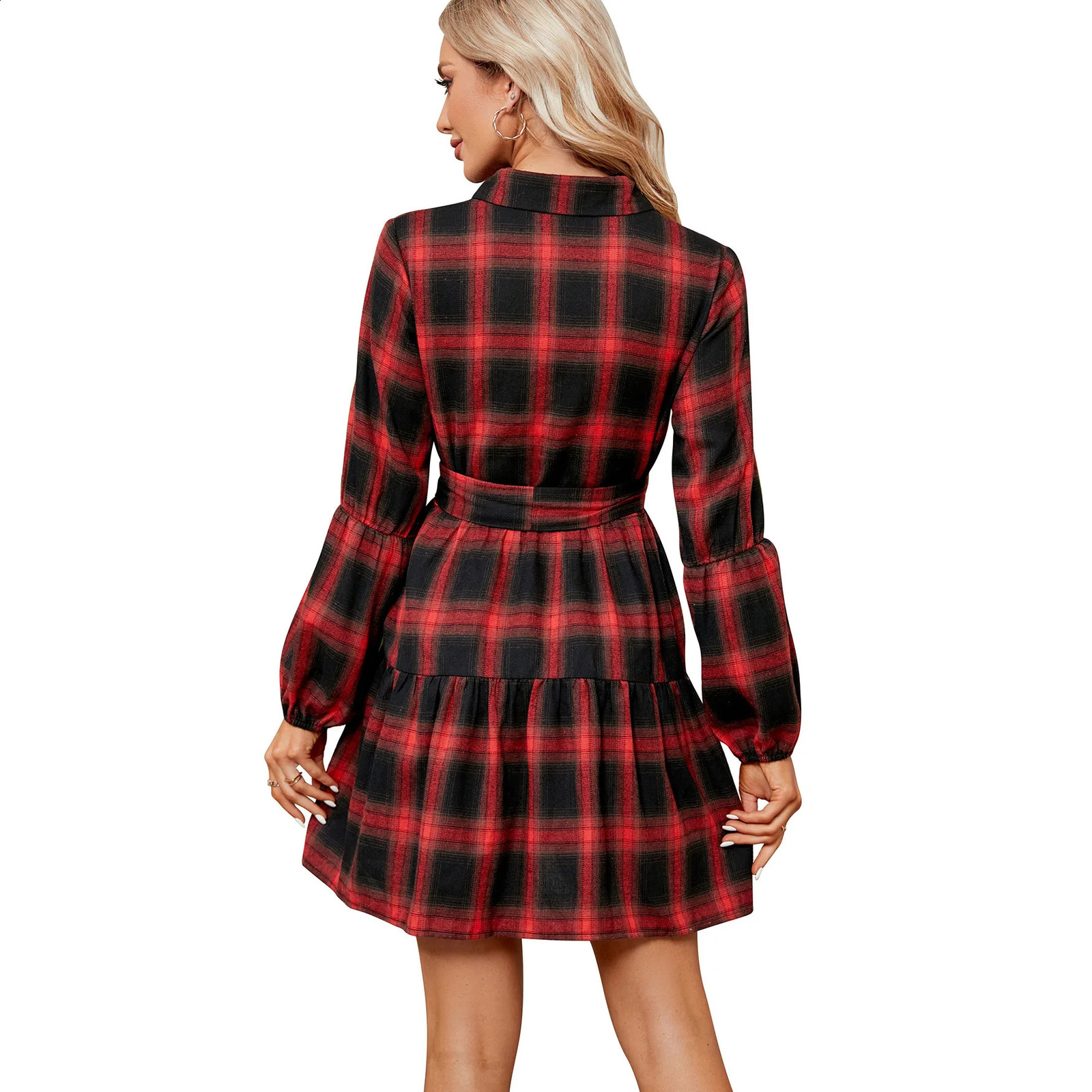 2024 Women Dress Spring Summer Long Sleeve Dress Female Single-breasted Plaid Dress Women Belt Pleated Dress Vintage Clothing 240729