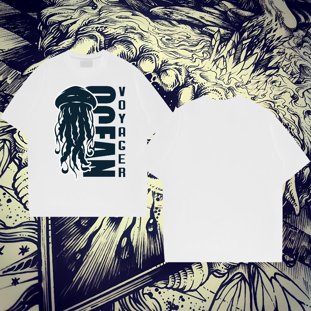Loose Couples T Shirts 100% Cotton 230g High Street Hip Hop jellyfish Customized Print Breathable New T Shirts Men Top Tees