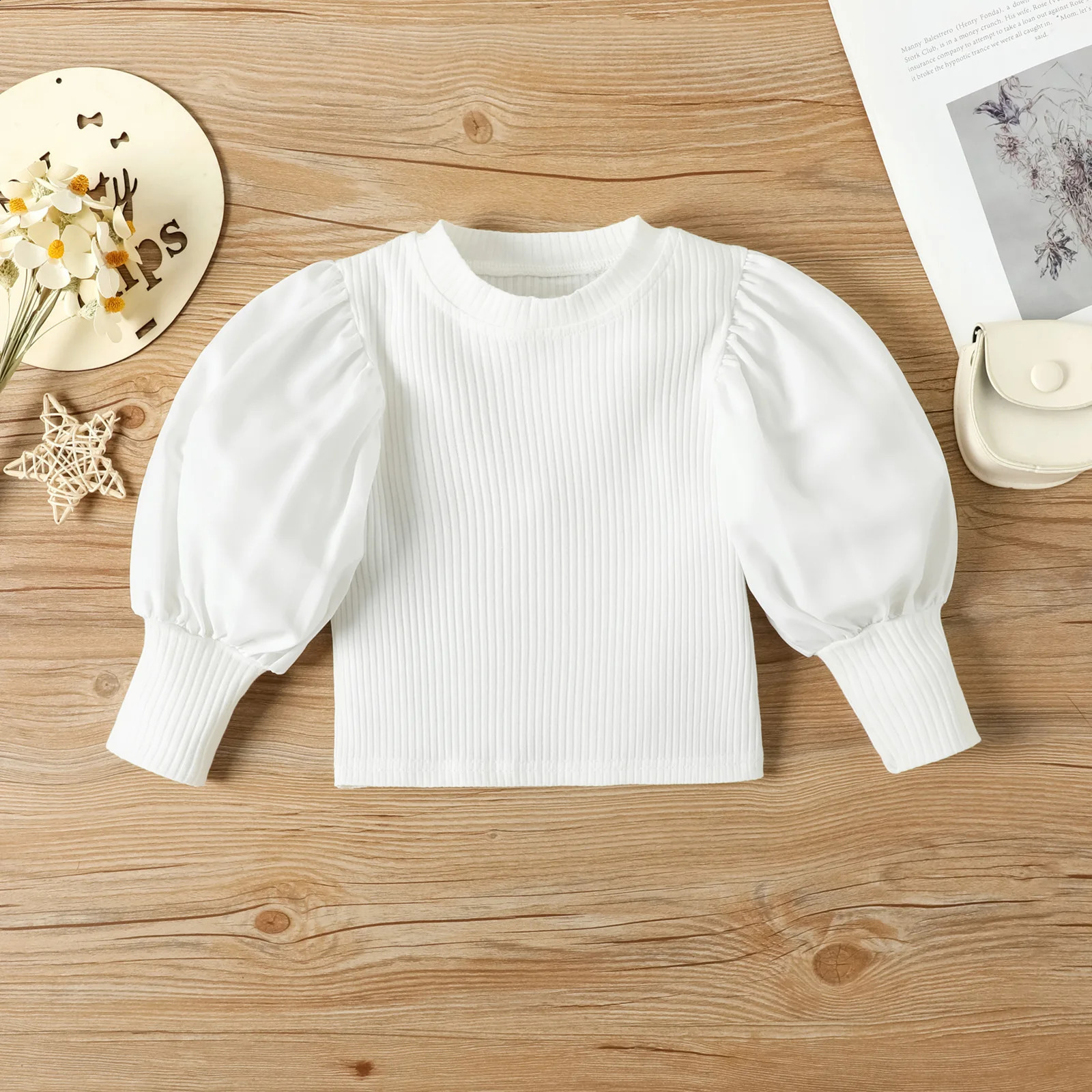 Fashion Toddler Kids Girls Clothing Set Long Puff Sleeve Ribbed Blouse TopsPU Leather Pants with Belt 2pcs Elgant Children Suit 240729