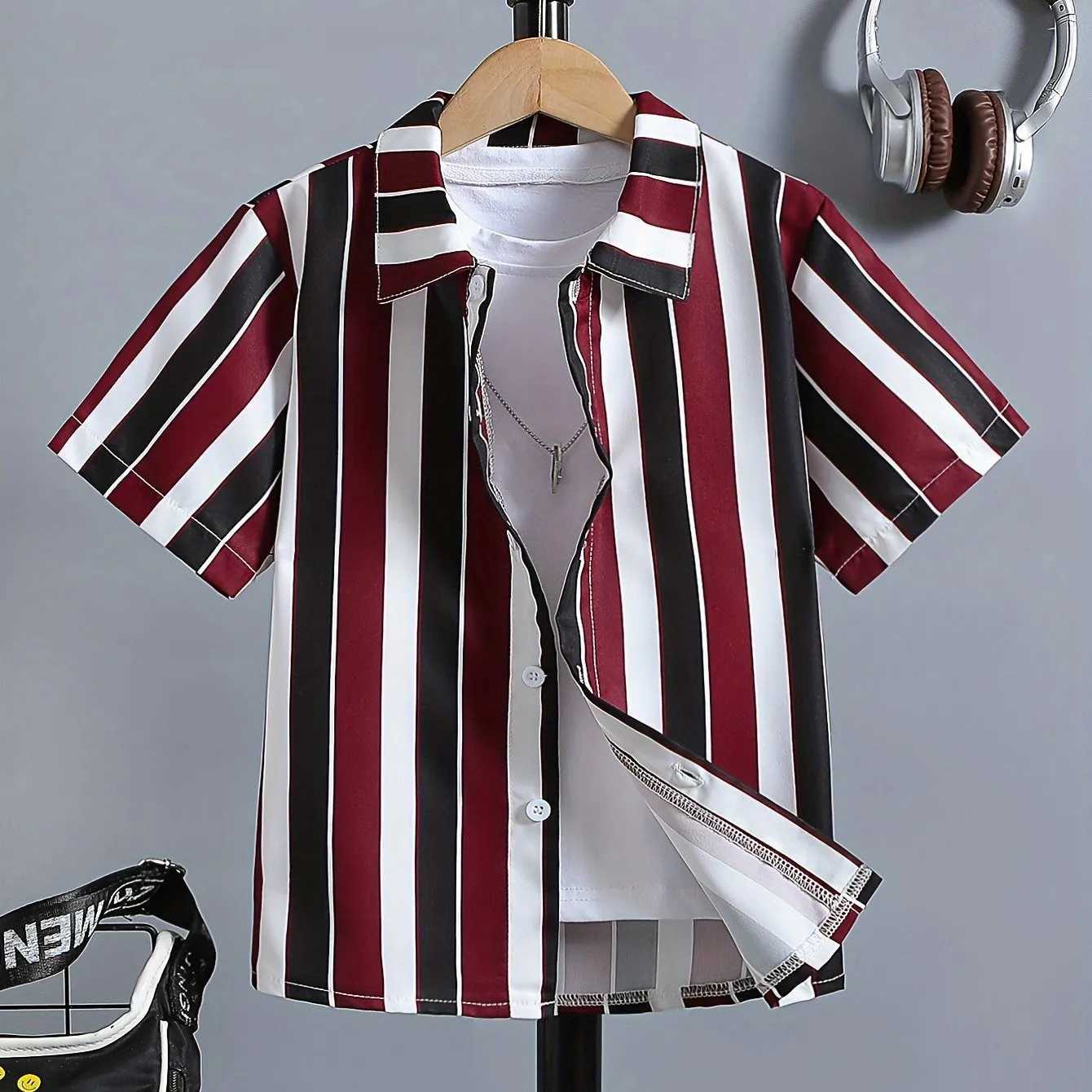 Black and white striped plain printed boys creative shirt casual short sleeved lapel shirt top boys clothing childrens summer outdoorW240729