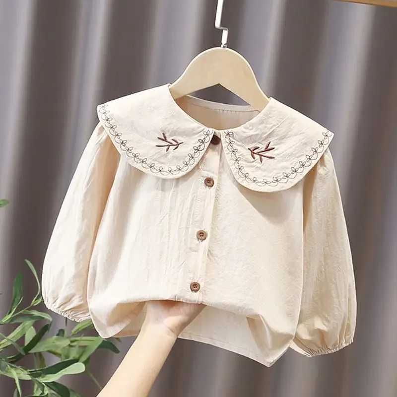 Girls Shirt Spring/Summer 2023 New Polo Neck Cotton Long sleeved White Shirt Girls Childrens TopW240729