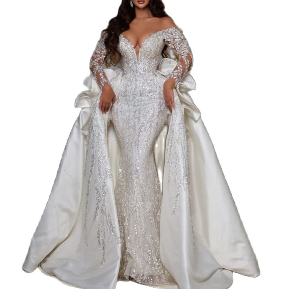 Sequined Mermaid Wedding Dress Deep V Neck Bridal Gown Custom Made Full Sleeve Shiny Vestido De Novia