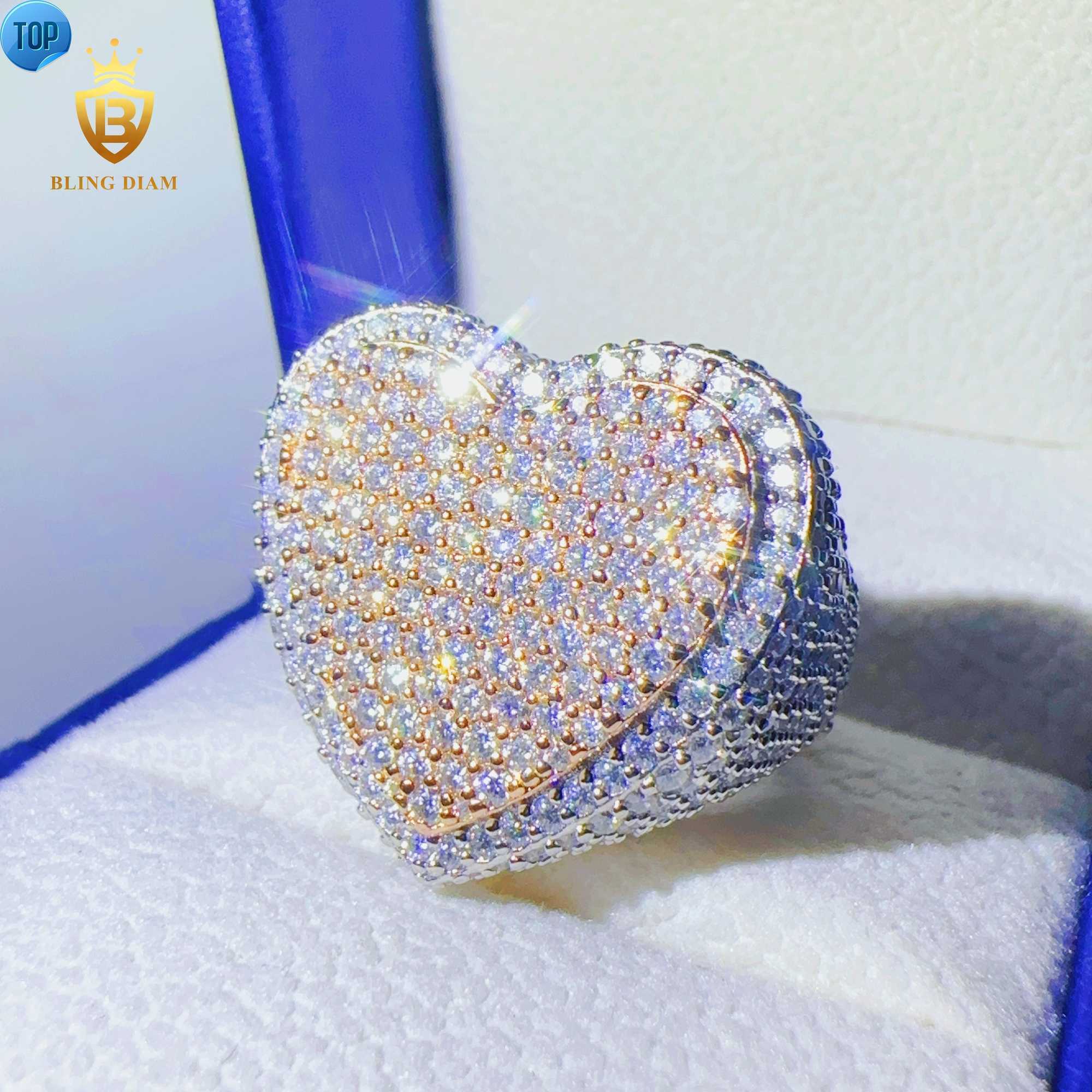 Fashion Custom hip hop Jewelry moissanite double heart design ring sterg sliver Two stones Ring pass tester